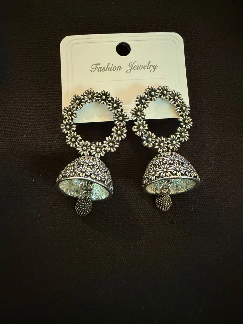 Fashion Jewelry Silver Floral Jhumka Hoop Earrings - Picture 2 of 3